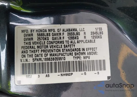 2003 Honda Odyssey Ex-L из США, поврежденный, VIN 5FNRL18963B059910